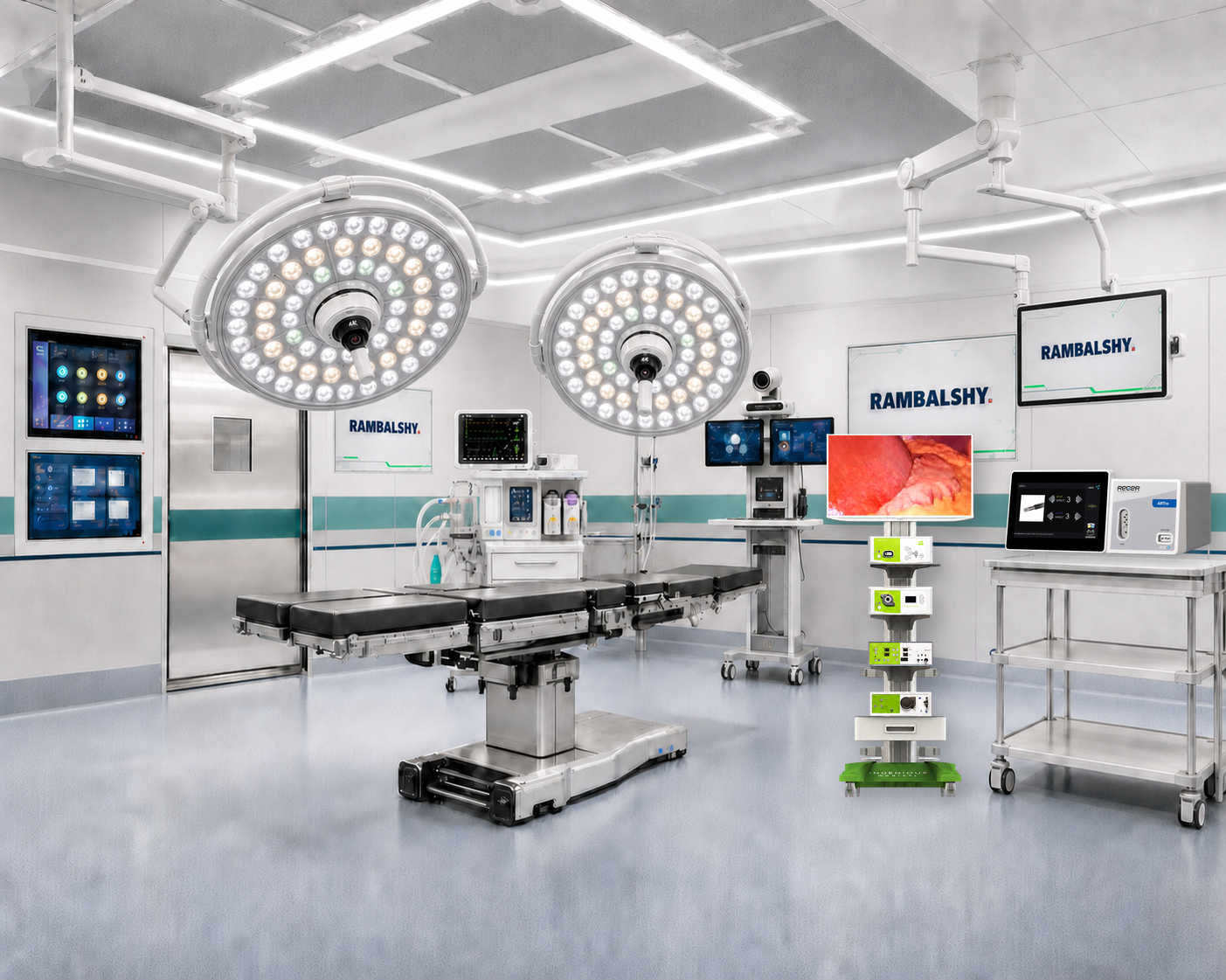 Specialised 4K modular operating theatre with premium table and lights, wall-integrated controls, original Spectra 4K tower and Reger RF system